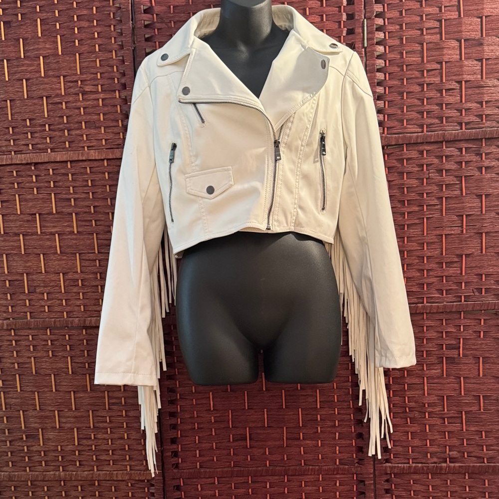 Faux Leather Fringe White Moto Jacket - M - Picture 6 of 16
